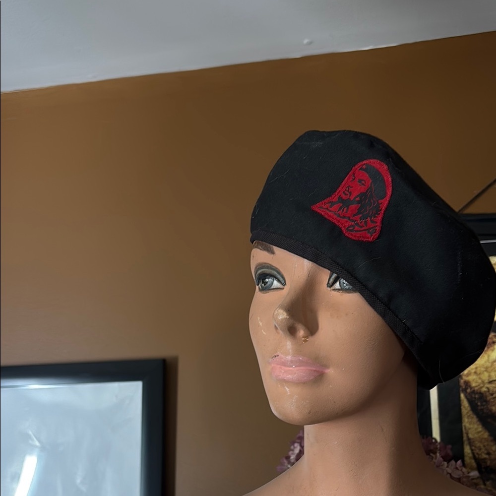 Reversible ! Black Beret with Red Embroidery EUC